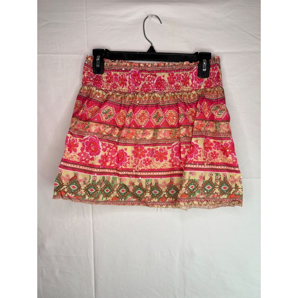 Squeeze Girls Pink Floral Boho Sequin Smocked Mini Skirt Size 14 91735SKMX